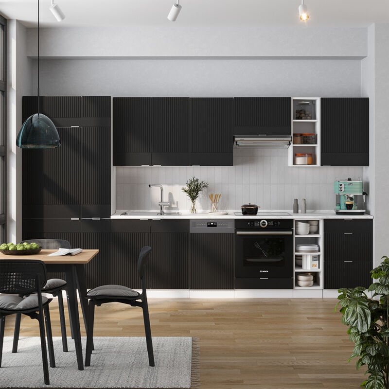 Küchenzeile Fame-Line, Schwarz gestreift/Weiß, 355 cm , AP Eiche, Vicco