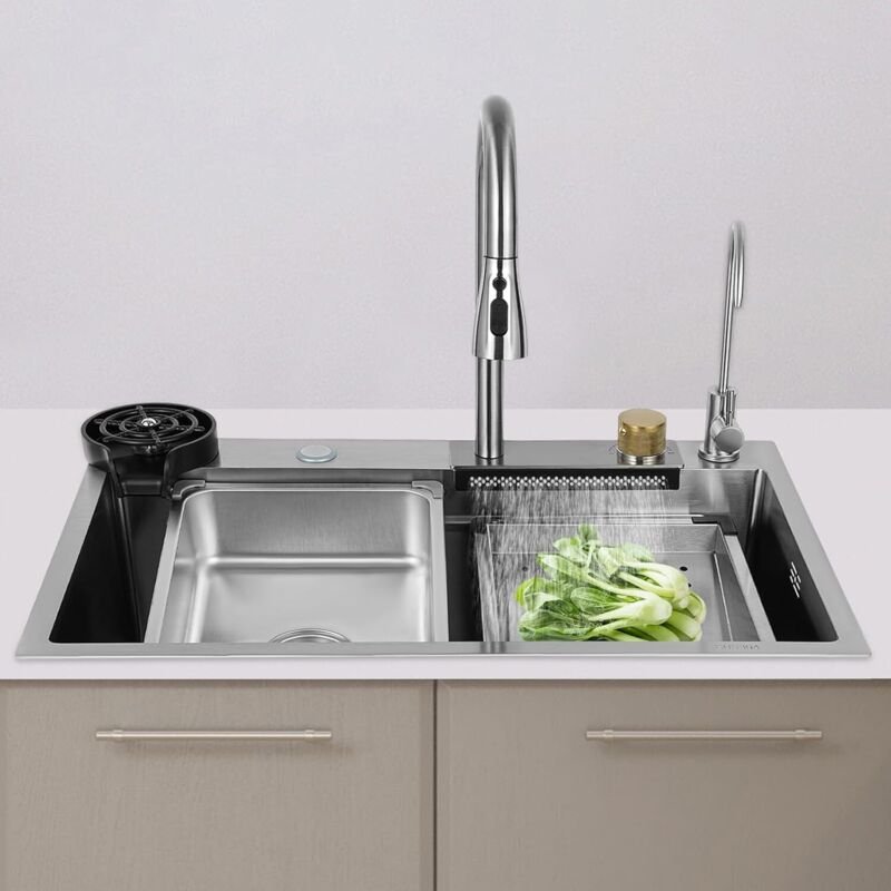 Edelstahl KüChenspüLe Wasserfall BarspüLe Eine Becken HaushaltsspüLen-Set Modern Integrierte SpüLe Mit Pull-Out Wasserha...