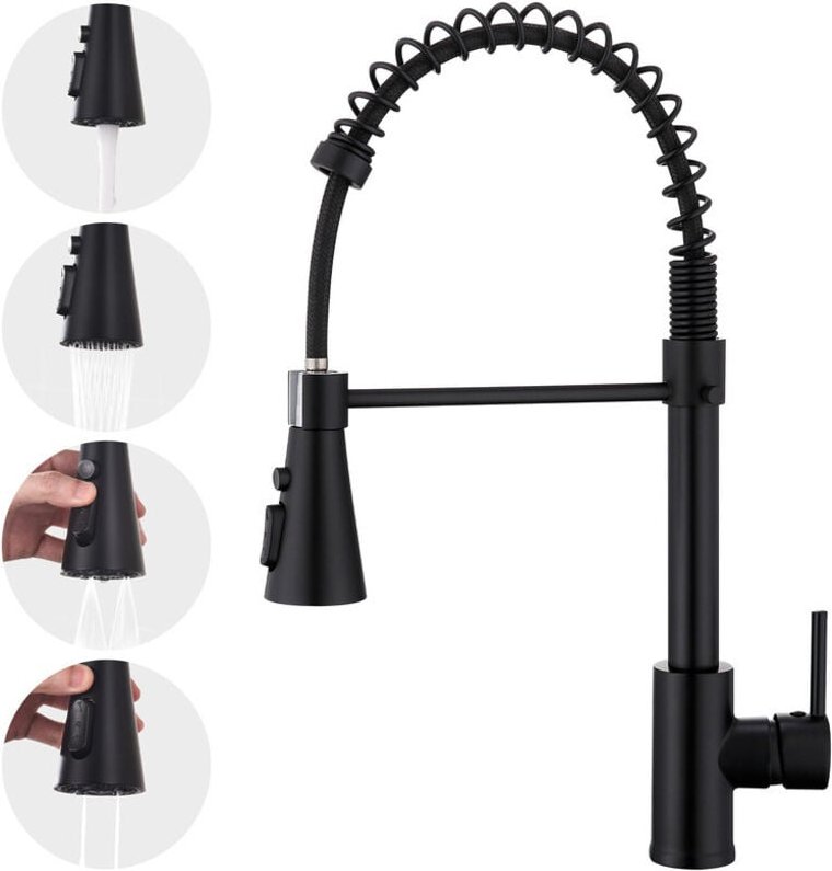 Schwarzer Küchenarmatur mit Feder aus Messing – 360° drehbarer Spültischarmatur mit 4 Strahlarten, professionell & langl...