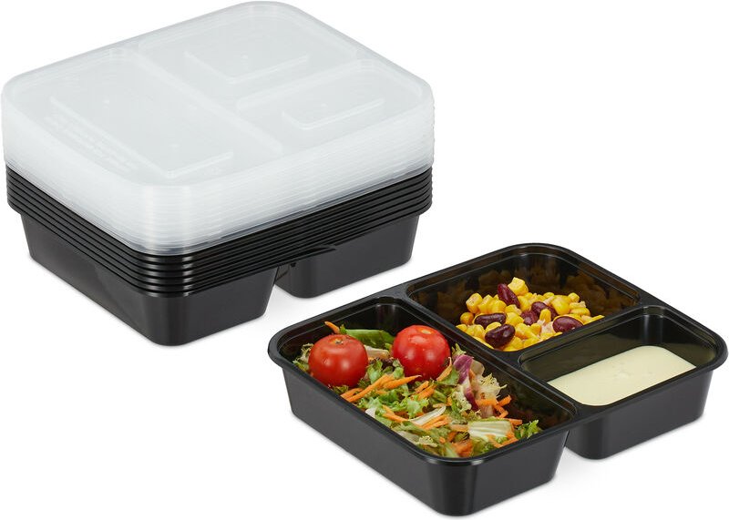 Relaxdays - Meal Prep Boxen, 10er Set, 3 Fächer, 1000 ml, mikrowellengeeignet, Kunststoff Essensbox mit Deckel, schwarz