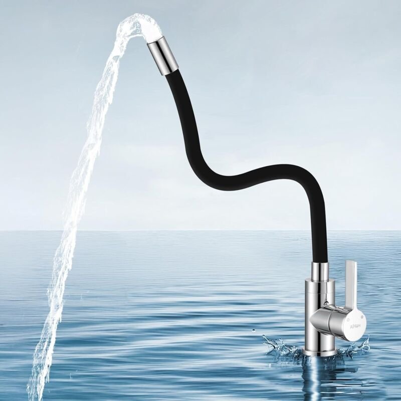 Schwarze Küchenarmatur mit flexiblem Auslauf – 360° schwenkbare Küchenarmatur – Küchenmischer aus Messing