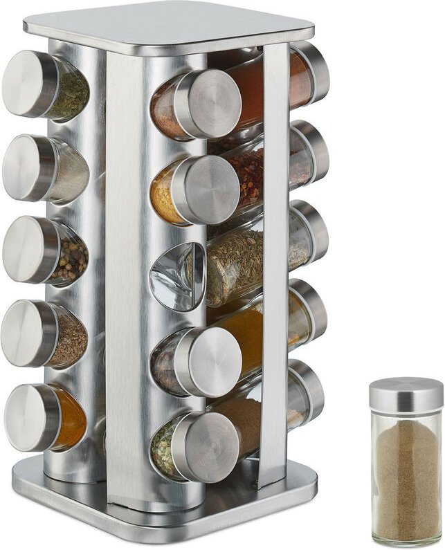 Thumbnail - Gewürzkarussell mit 20 Gewürzgläsern, 360° drehbar, Edelstahl, Glas, Gewürzregal HxD 34 x 19 cm, eckig, silber - Relaxda...