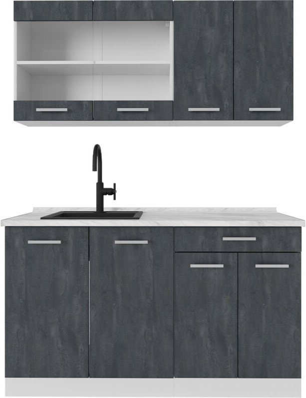 Vicco - Mini Küche R-Line, Schwarz Beton/Weiß, 140 cm ap Marmor