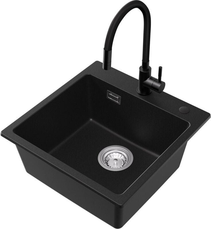 Cecipa Max - Granitspüle 45 x 45 cm Spülbecken Granit, Küchenspüle + Hochdruck flexiblere Küchenarmatur mit 2 Strahlarte...