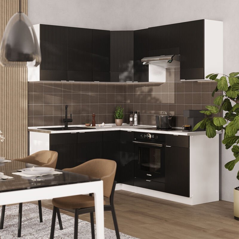 Eckküche Fame-Line, Schwarz gestreift/Weiß, 160 x 60 cm ohne Arbeitsplatte, Vicco