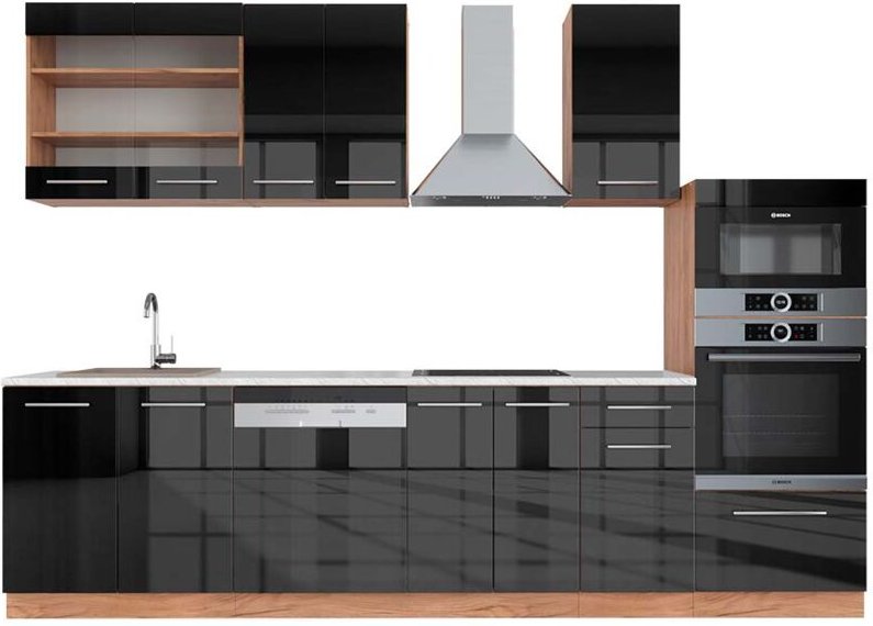 Vicco - Küchenzeile Fame-Line, Anthrazit Hochglanz/Goldkraft Eiche, 300 cm mit Hochschrank, ap Marmor