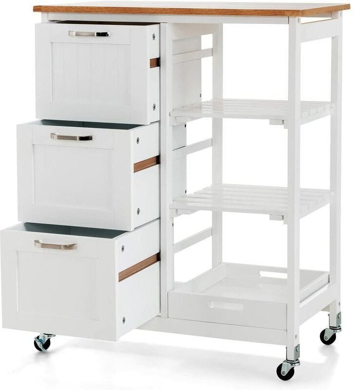 Küchenwagen mit Stauraum, Servierwagen auf Rädern mit 3 tiefen Schubladen, offenen Regalen & Herausnehmbarem Tablett, Ro...