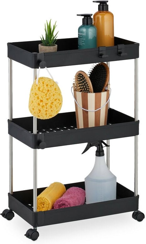 Thumbnail - Relaxdays Nischenwagen, 3 Etagen, schmales Nischenregal für Küche & Bad, HxBxT: 62 x 41,5 x 23,5 cm, Rollregal, schwarz