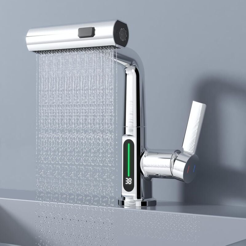 Wasserfall-Küchenarmatur mit Sprüher, gebürsteter Nickel-Edelstahl, abnehmbarer Küchenarmatur, drehbarer Bauernhaus-Bar-...