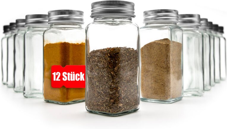 BigDean 12er Set Gewürzgläser eckig - luftdichte Gewürzdosen lebensmittelecht mit zwei Streueinsätzen - ideal für Gewürz...