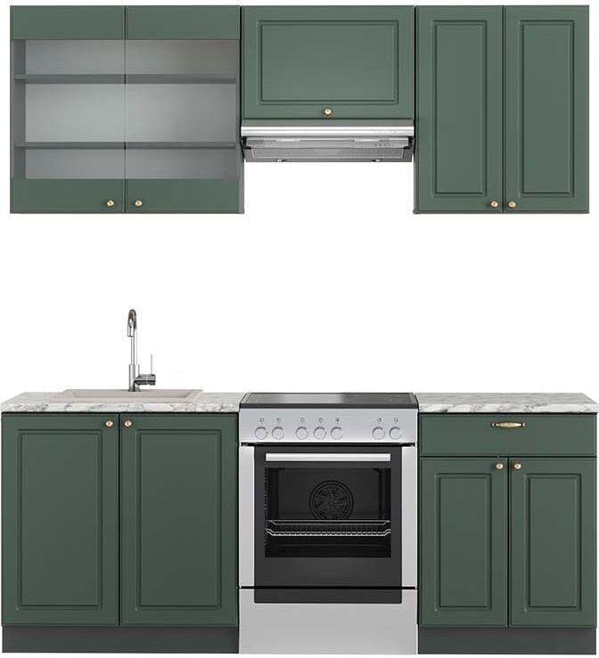 Vicco - Küchenzeile Fame-Line, Grün-Gold Landhaus/Anthrazit, 200 cm , ap Marmor