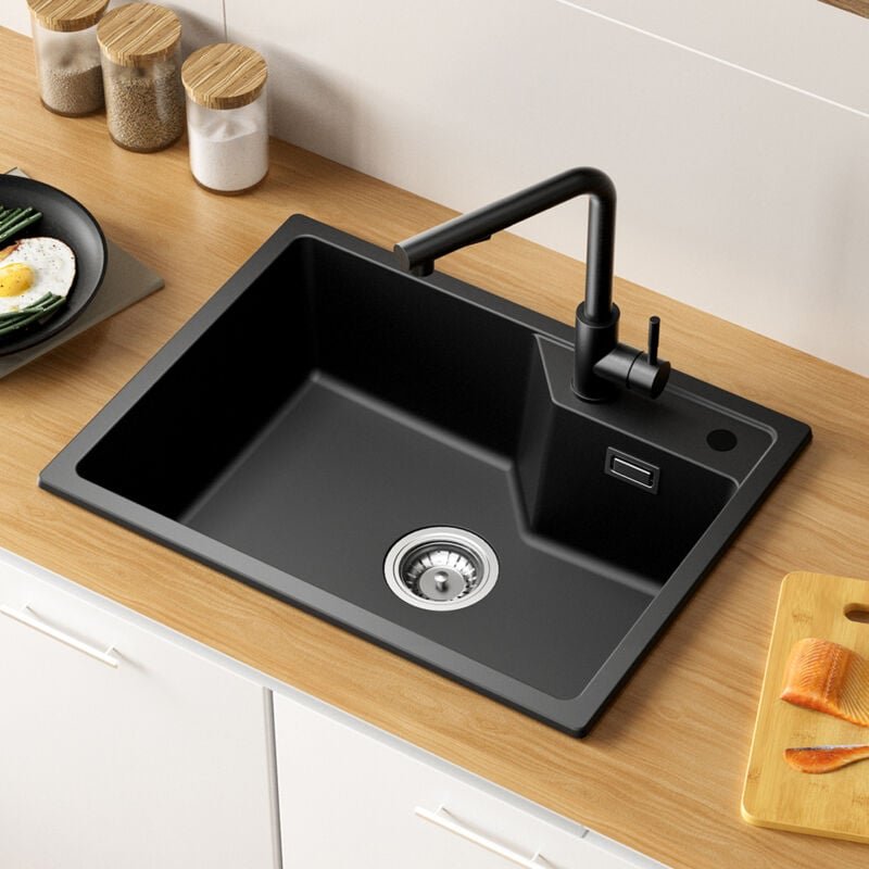 Sofetiy Max Granitspüle 60 x 45 cm, Küchenspüle Granit, Aufsatzspüle für die Küche, mit Siphon Ab- und Überlaufgarnitur,...