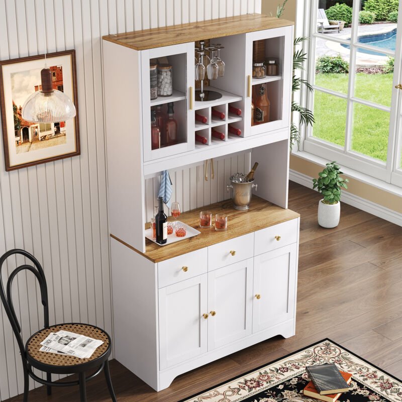 Hoher Kleiderschrank 94,5 x 30 x 175,5 cm, fünf Türen, drei Schubladen und offene Fächer, weiß
