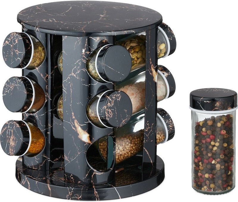 Relaxdays Gewürzkarussell mit 12 Gewürzgläsern, mit Streueinsatz, drehbar, nachfüllbare Gewürzbar, Marmoroptik, schwarz