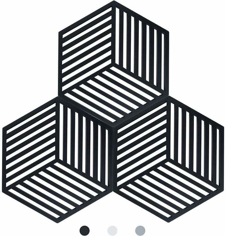 3er-Set Topfuntersetzer aus Silikon für die Küche – Versailles (Schwarz, Raya, sechseckig: 14,5 x 130 x 7,5 mm)