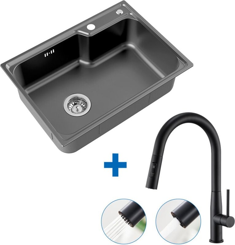 Edelstahl 62 x 45 cm Küchenspüle, Dunkelgrau + Hochdruck Ausziehbare gebürstete Küchenarmatur, Spülbecken für ab 65 cm K...