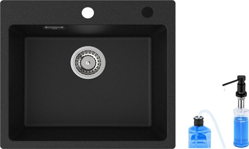Cecipa Spülbecken Quarz Schwarz 50x45cm + Seifenspender Küchenspüle aus Quarz Küchenspüle aus Granit, 1 Becken Einbauspü...