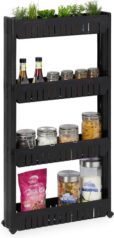 Nischenwagen, 4 Ablagen, schmales Nischenregal Bad & Küche, hbt 101x12,5x54 cm, Rollregal Kunststoff, schwarz - Relaxday...