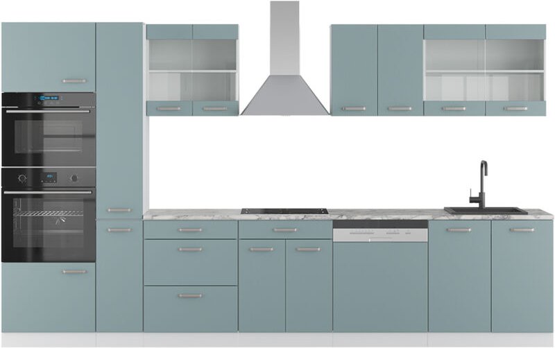 Vicco - Küchenzeile R-Line, Blau-Grau/Weiß, 350 cm mit Hochschrank, ap Marmor