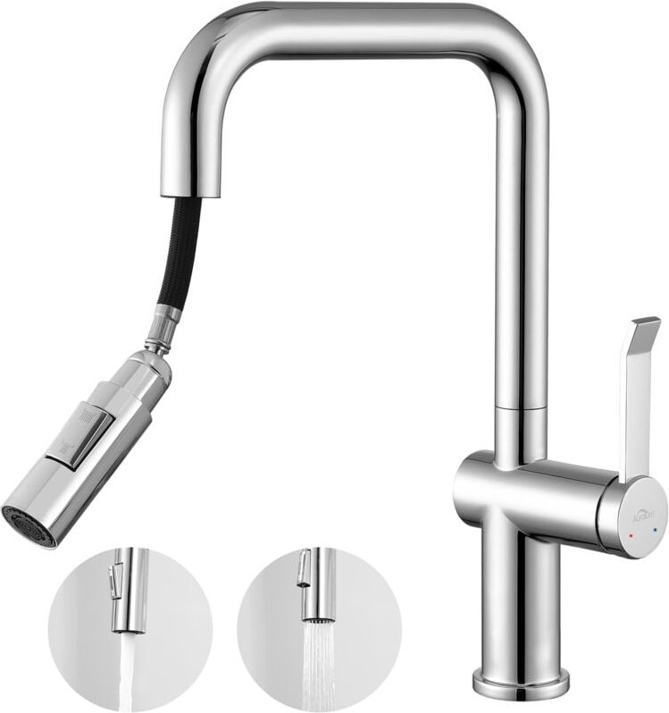 Auralum Küchenarmatur mit Ausziehbar Brause, Hochdruck Wasserhahn Küche 360° Drehbar, Küchenmischbatterie mit 2 Strahlar...