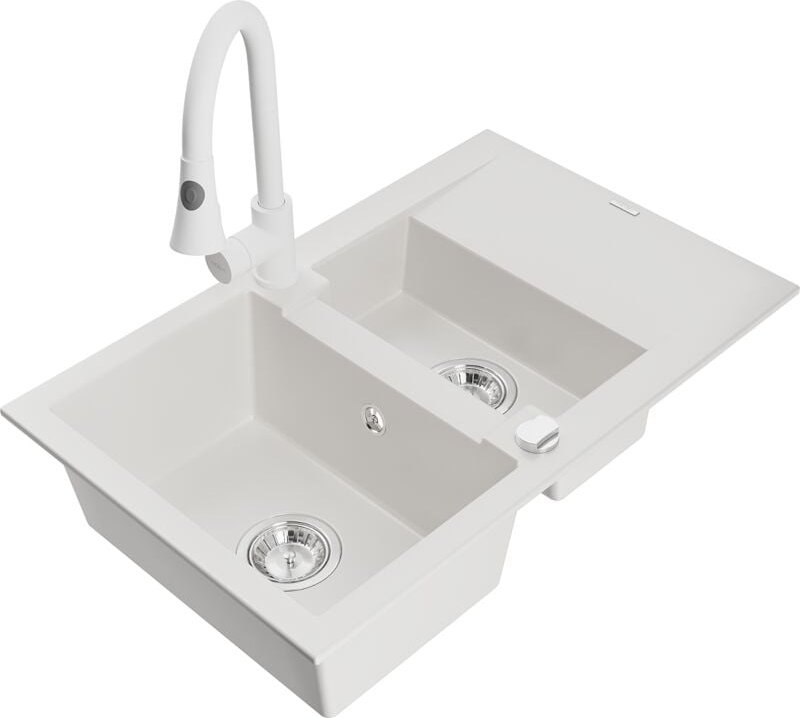 Gaspar 1,5-Becken-Granitspüle mit Abtropffläche und Mischbatterie Elia, Weiß - 6507-20-670101- - Mexen