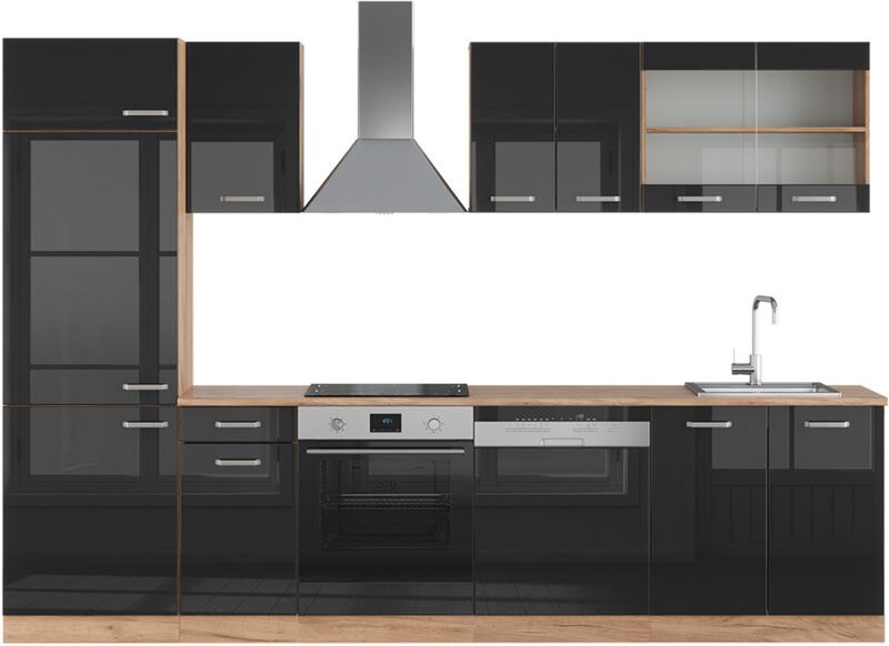 Vicco - Küchenzeile R-Line, Schwarz Hochglanz/Goldkraft Eiche, 300 cm , ap Eiche