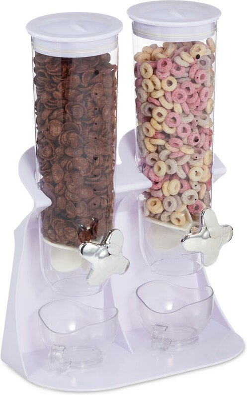 Relaxdays Müslispender doppelt, Cerealienspender für Müsli, Cornflakes, Süßigkeiten, Snackspender Kunststoff, weiß