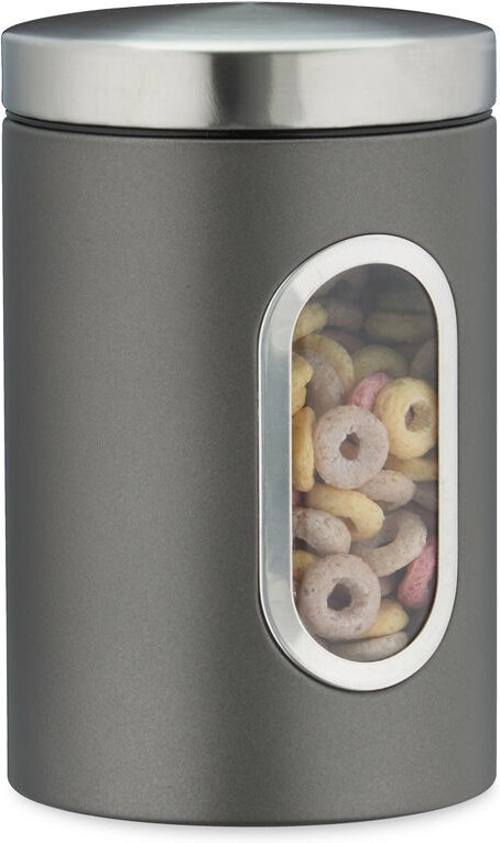 Vorratsdose, mit Deckel & Sichtfenster, 1,4 l, für Kaffee, Mehl, Pasta, Aufbewahrungsdose Küche, Metall, grau - Relaxday...