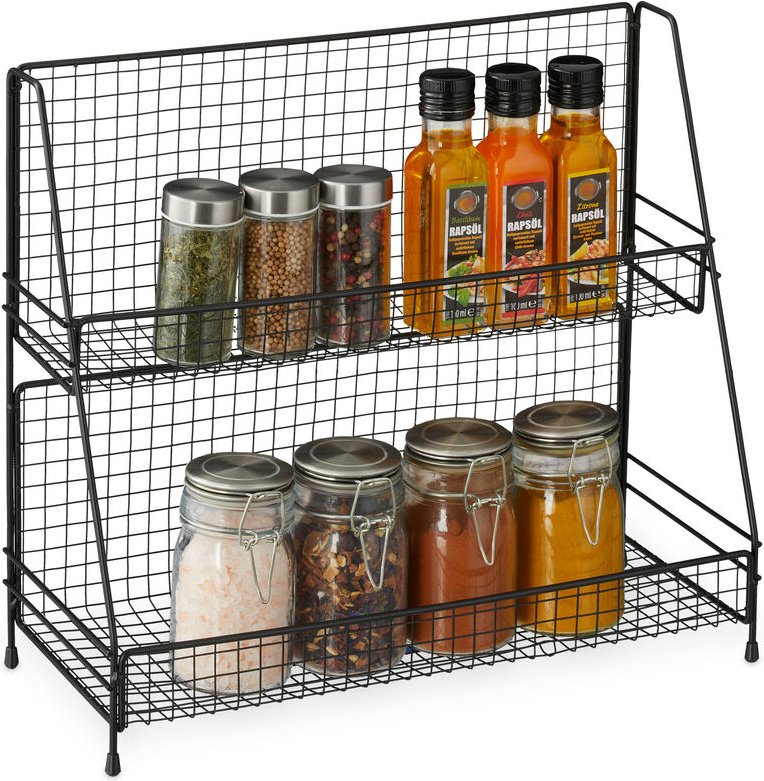 Relaxdays - Gewürzregal, 2 Etagen, Metall, Küchenregal für Gewürze, freistehend, Gewürzständer hbt 35x40x16 cm, schwarz