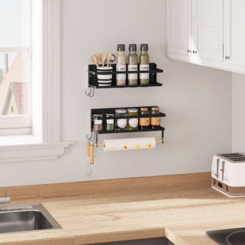 2er Set Gewürzregal Wand Wandregal Gewürzhalter Küchenregal Aufbewahrung mit Küchenrollenhalter 4 Haken Schweberegal hän...