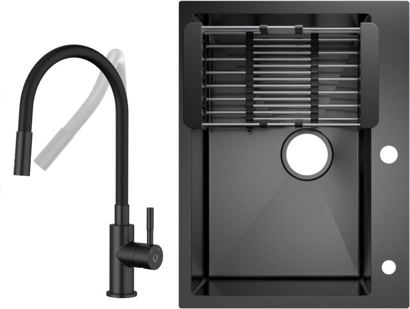 Cecipa Max - Küchenspüle aus Edelstahl 60x45cm Aufsatzwaschbecken Anthrazitschwarz + Universeller Küchenarmatur Schwarz ...