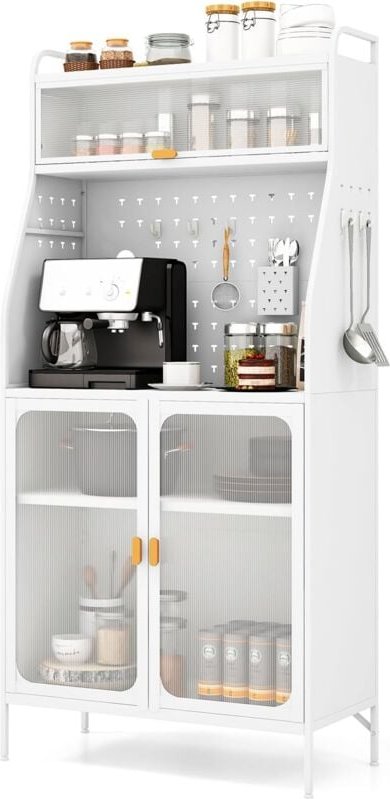 Küchenschrank, Küchenbuffet Metall mit Steckbrett & verstellbarem Regal, Hochschrank mit 8 Haken & 1 Hängekorb, Buffetsc...