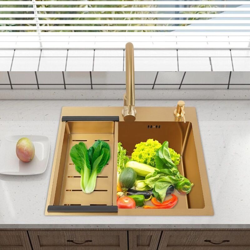 Spülbecken 50 x 45 cm, goldfarben Spülbecken Küchenspüle aus Edelstahl Spülbecken Rechteckiges Waschbecken Komplett mit ...
