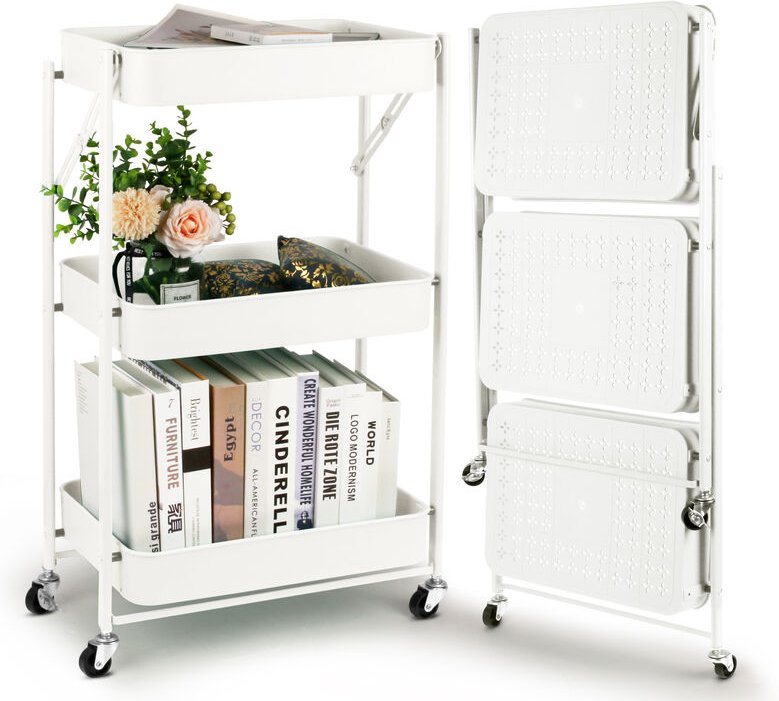 Klappbarer Rollwagen, Nischenregal Nischenwagen 3 Ebenen, Faltbares Küchenwagen mit Rollen, Servierwagen für Küche, Baby...
