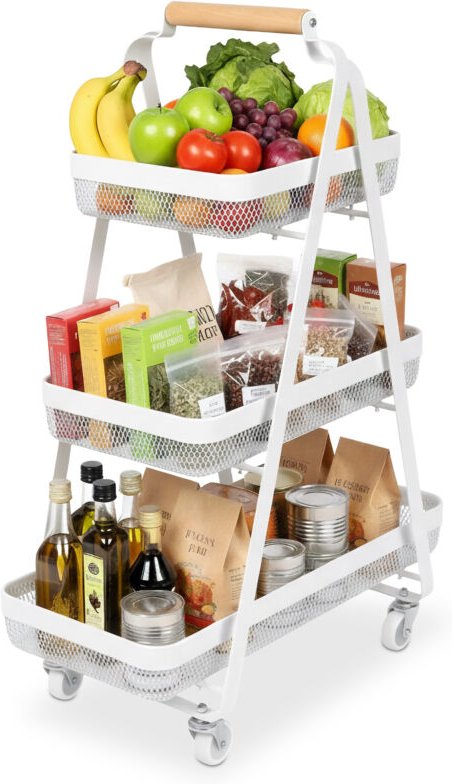 Relaxdays Rollwagen, 3 Ebenen, Metall, Holzgriff, HxBxT: 84,5 x 57 x 31 cm, 4 Rollen, Küche, Bad, Beistellwagen, weiß