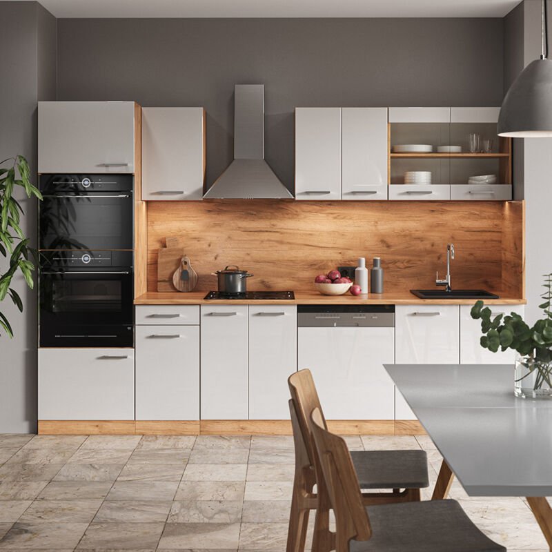 Vicco - Küchenzeile R-Line, Weiß Hochglanz/Goldkraft Eiche, 300 cm mit Hochschrank, ohne Arbeitsplatte