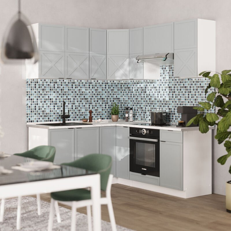 Eckküche Fame-Line, Hellblau-grau/Weiß, 160 x 190 cm , AP Marmor, Vicco