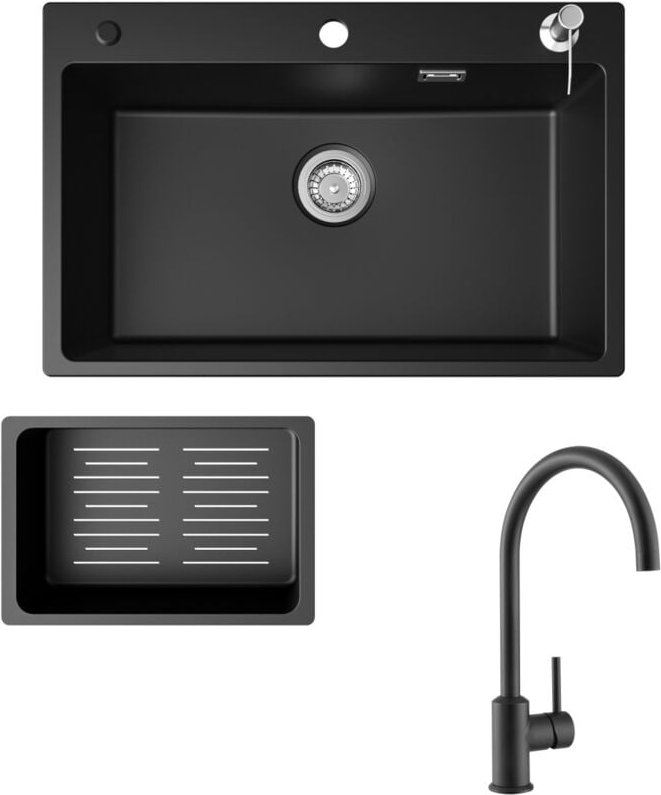 Cecipa Max - Küchenspüle 70x45cm Granitspüle Anthrazitschwarz Mit Seifenspender + Hochdruck-Küchenarmatur Schwarz Hohe 3...