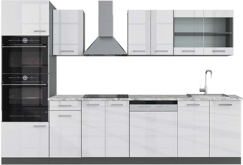 Vicco - Küchenzeile R-Line, Weiß Hochglanz/Anthrazit, 300 cm mit Hochschrank, ap Marmor