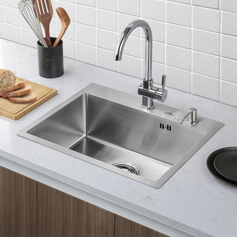 55 x 45 cm Küchenspüle Edelstahl mit Gratis Seifenspender, Waschbecken Einbauspüle Einzelbecken Spüle 2 Montagelöcher mi...