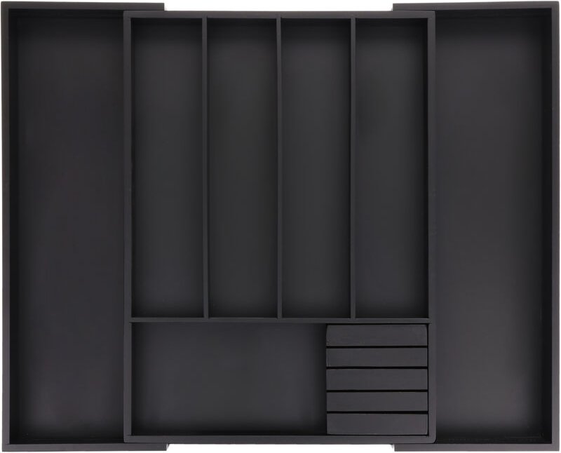 Besteckkasten ausziehbar, Bambus, hbt: 5 x 32,5-55 x 44,5 cm, 5-7 Fächer, Besteckfach mit Messerblock, schwarz - Relaxda...