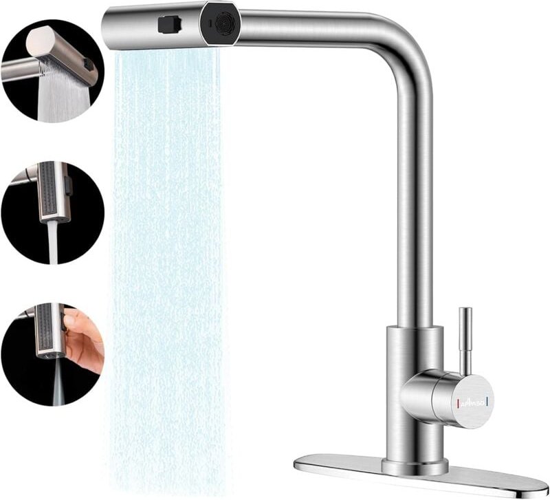 Wasserfall-Küchenarmatur mit herausziehbarer Brause, Küchenarmatur aus gebürstetem Nickel mit 3-Modus-Sprühkopf, 360° dr...