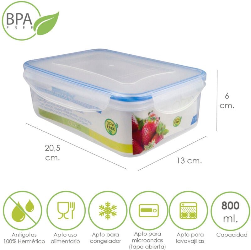 Oryx - Rechteckiger luftdichter Kunststoffbehälter 800 ml. 20,5 x 13 x 6 (h) cm.