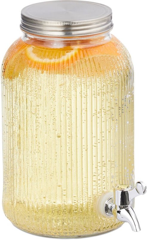 Getränkespender, Limobehälter geriffelt, 4 l, Zapfhahn & Deckel, Wasserspender, Glas & Eisen, transparent - Relaxdays