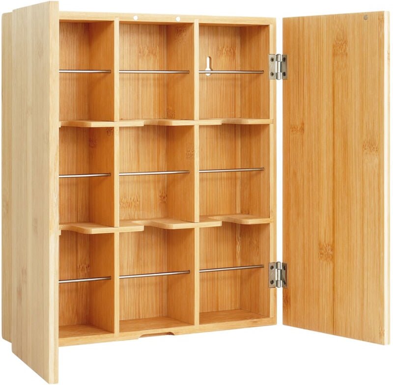 Relaxdays Teebox, 9 Fächer, Bambus, HBT: 31 x 26,5 x 7cm, Aufbewahrung Teebeutel, Kaffeepads, Wandmontage, natur/silber