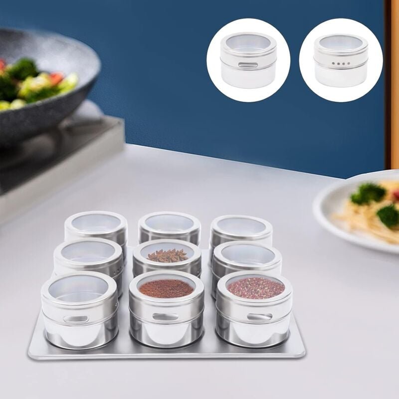 Set aus 9 Gewürzgläsern, magnetisch, Edelstahl, rund, für Küchengewürze