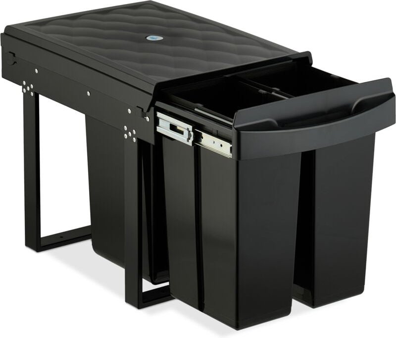 Relaxdays Einbaumülleimer, 3 Fächer, 20l, 2x 10l, HBT: 41,3 x 34 x 51,8 cm, ausziehbar, Müllsystem Unterschrank, schwarz