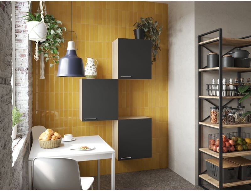 Oberschrank Hängeschrank Küche 3 x 50 cm Eiche Sägerau Schwarz Merle Respekta