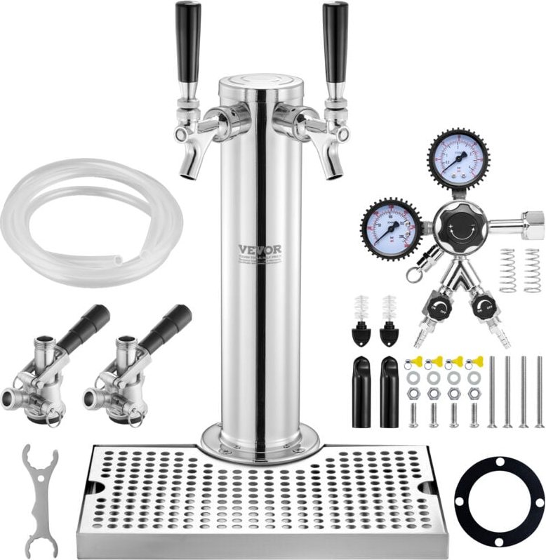 Vevor Kegerator-Turm-Kit, Bier-Umrüstsatz mit zwei Zapfhähnen, Bier-Turmspender aus Edelstahl mit Doppelmessgerät W21.8-...