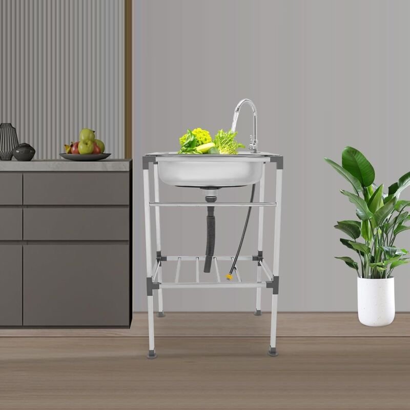 Waschbecken aus Edelstahl, 53 x 38 x 83 cm, mit Wasserhahn und Gartenschlauch, Geschirrspüler, geeignet für Küche, Esszi...